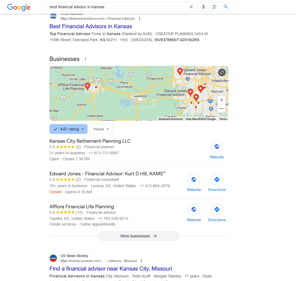 results for searching about the best financial advisor in kansas