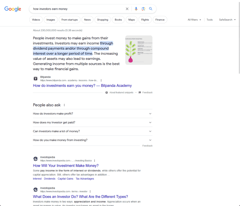 google search results page for how investors earn money
