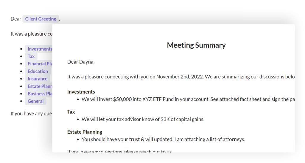 As a financial advisor, use meeting summary template to quickly draft professional looking deliverables